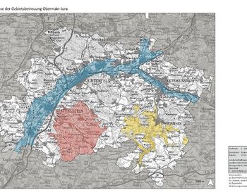 Kulisse Gebietsbetreuung Obermain-Jura: Obermaintal (blau), Staffelbergjura (rot), Weismainalb (gelb)